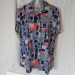 Vintage Blouse Button Down Shirt Women's Sz XL Blue Red White Geometric Retro
